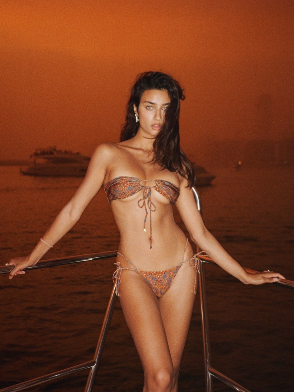 Tie-Front Orange Paisley Bandeau Bikini Top